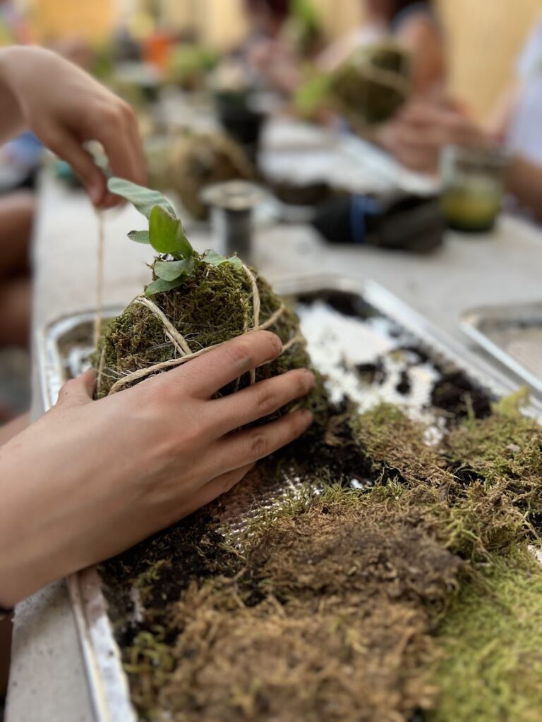 Kokedama Workshop at Scout Cafe, hands wrapping a plant